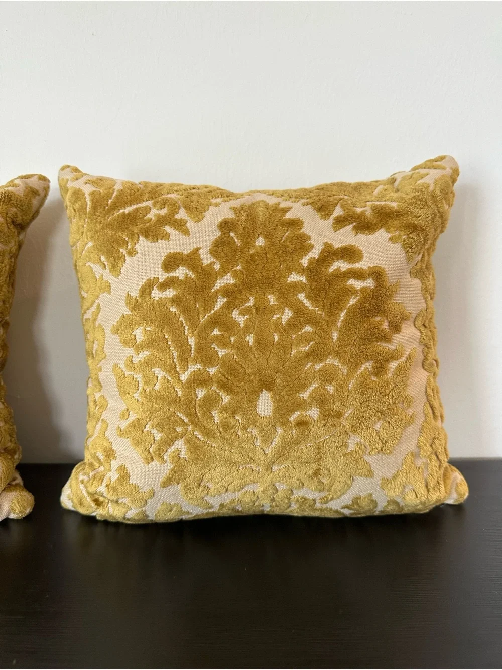 Pair of Vintage Gold Damask Chenille Velvet Decorative Pillows